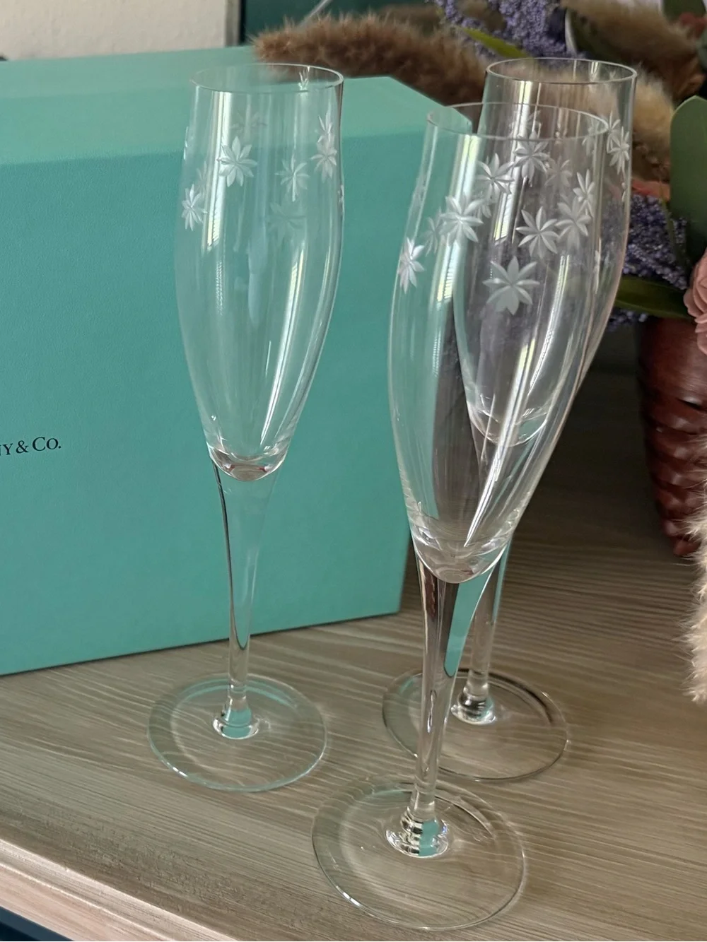 RARE Tiffany & Co. Clear Etched Floral Champagne Flutes with Blue Box set of 3